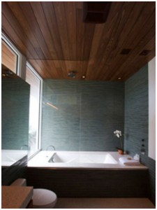Bathroom with hardwood plank ceilings